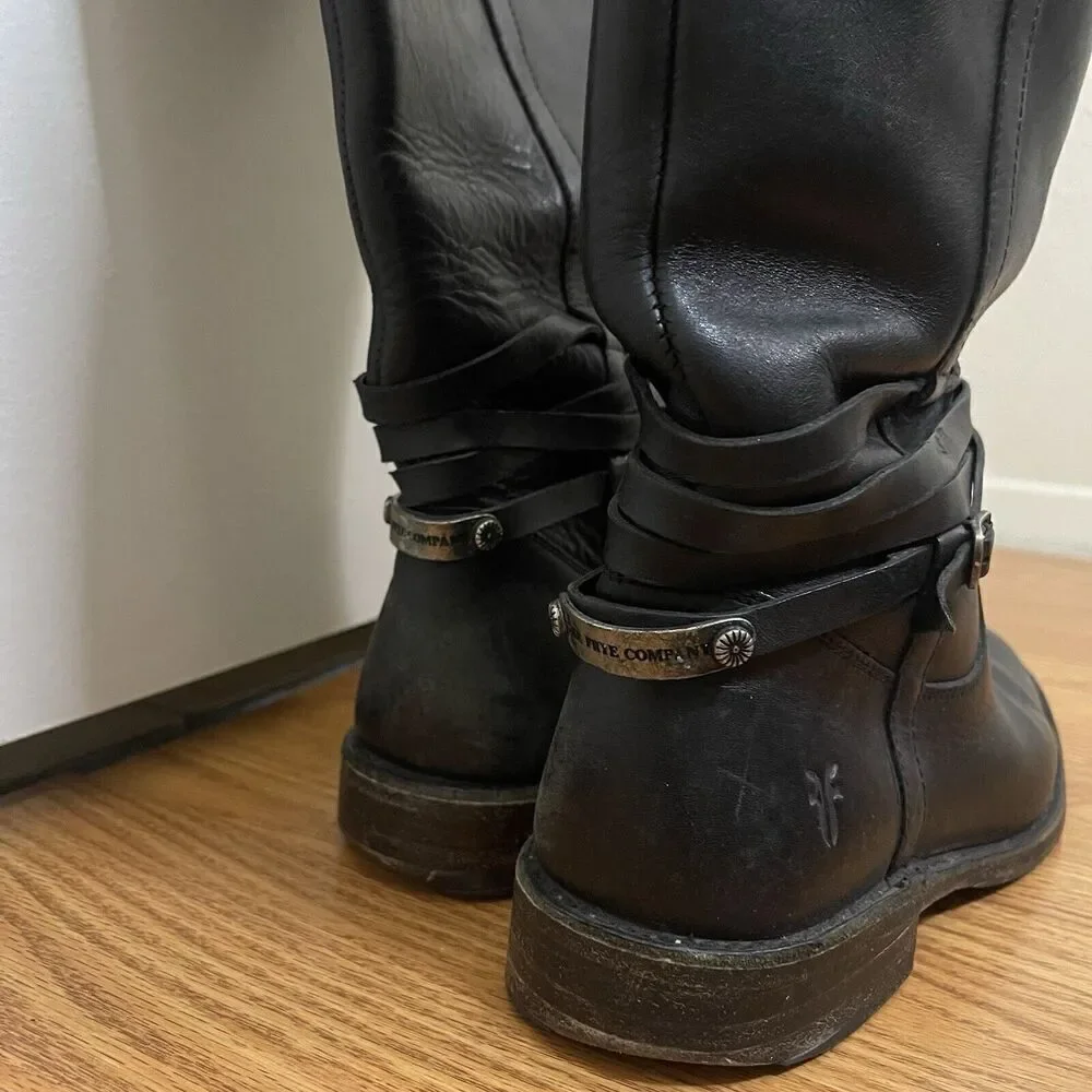 FRYE Leather Black Knee high Riding Western country boots US 7 -77754 4003